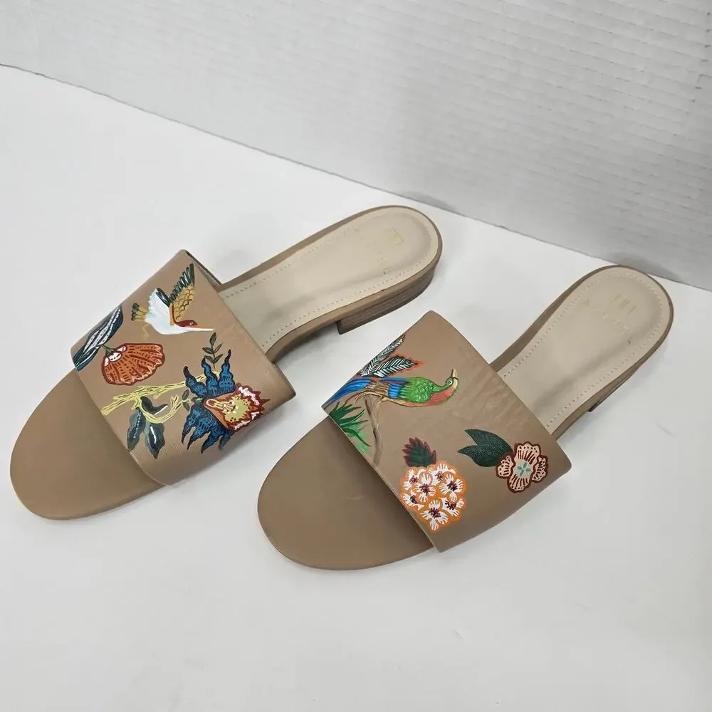 ALEPEL BIRD FLORAL BEIGE SLIDES, SIZE 8